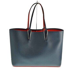 Christian Louboutin Cabata Tote Studded Shoulder Handbag Leather Navy Blue Red